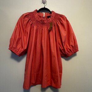 J.Crew Smocked-Neck Puff-Sleeve Cotton Poplin Top – Warm Rose – Size L - 0143